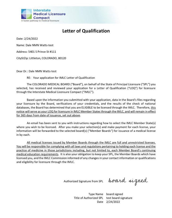 IMLC Letter of qualification (LOQ) example